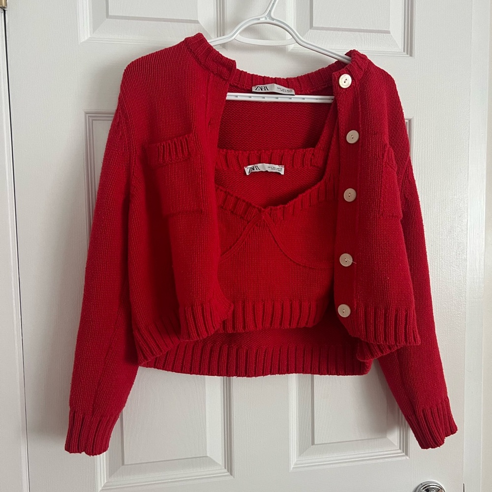 Zara Red Women's Sweater Cardigan Set